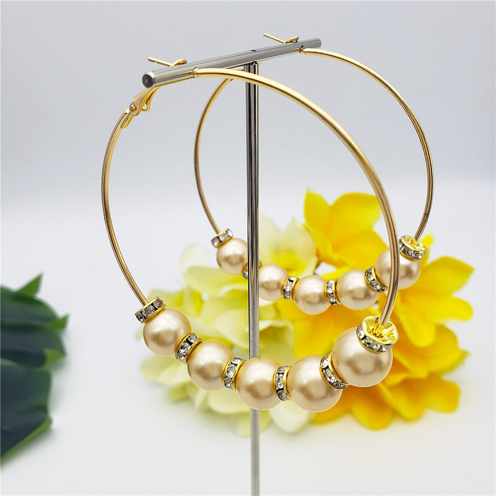 Large Hoop Earrings With White Zircon Disc Beads And Pearls In Different Styles And Colors