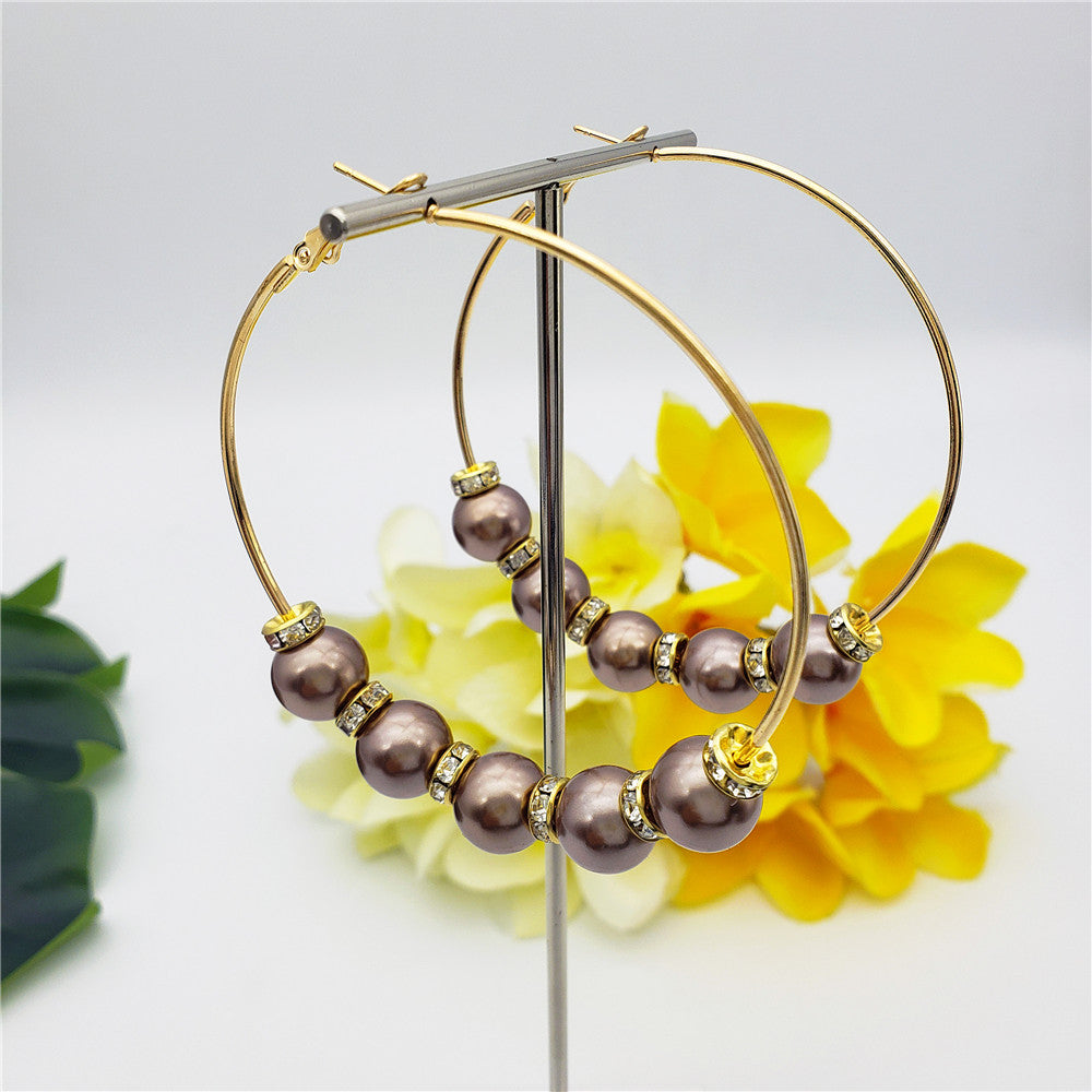 Large Hoop Earrings With White Zircon Disc Beads And Pearls In Different Styles And Colors