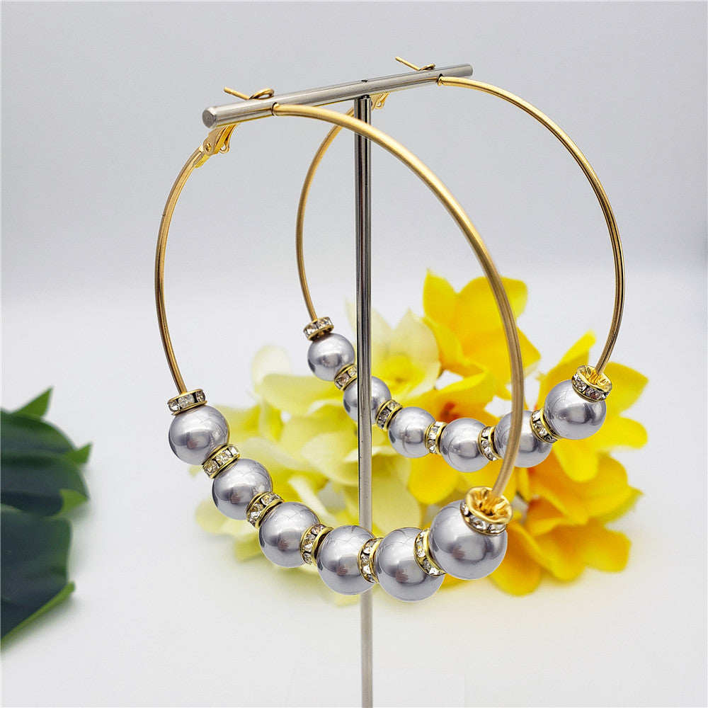 Large Hoop Earrings With White Zircon Disc Beads And Pearls In Different Styles And Colors