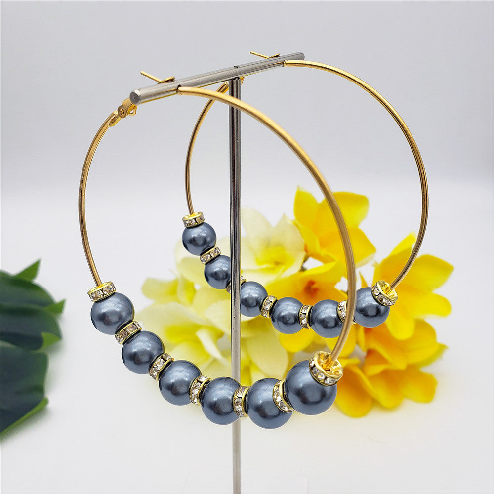 Large Hoop Earrings With White Zircon Disc Beads And Pearls In Different Styles And Colors