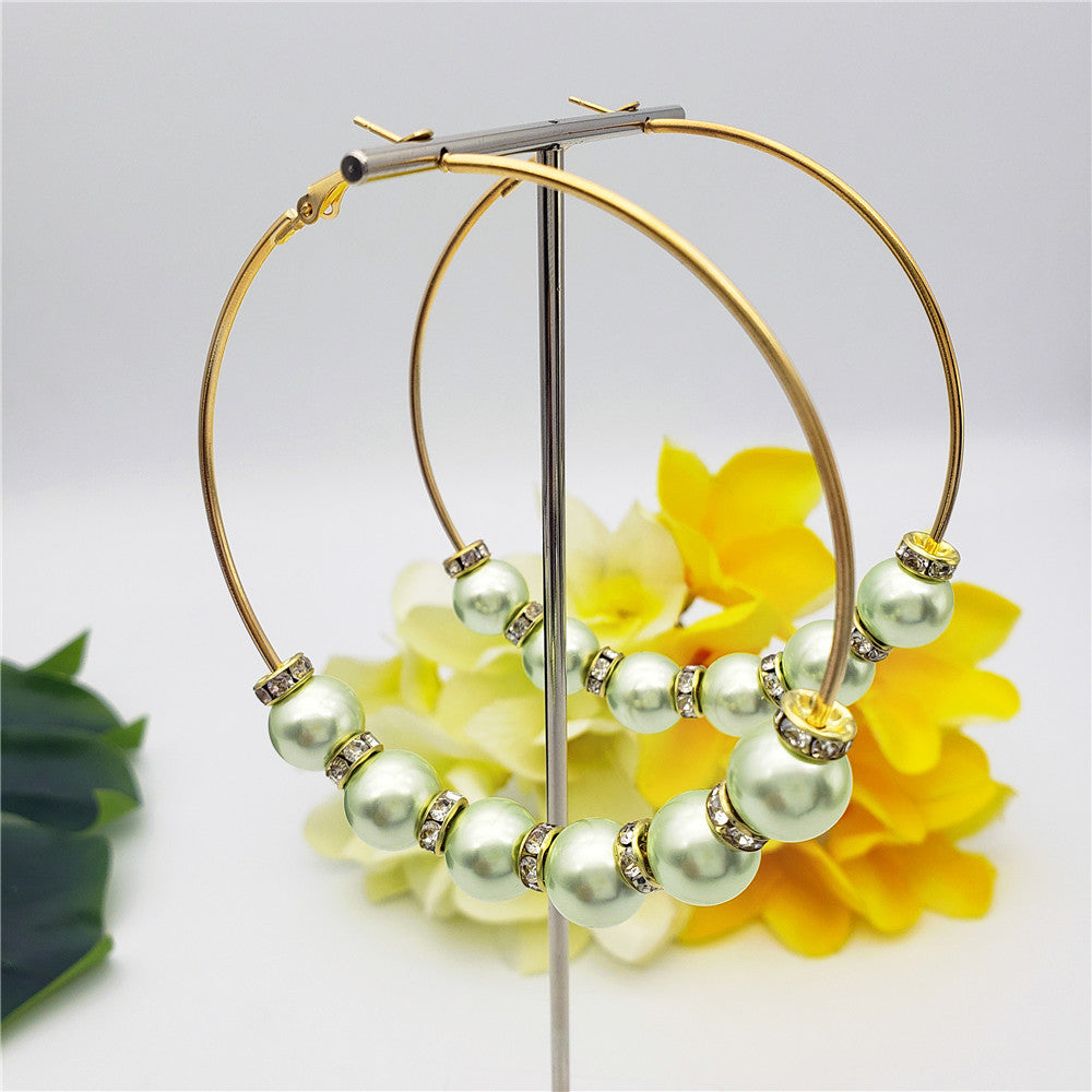 Large Hoop Earrings With White Zircon Disc Beads And Pearls In Different Styles And Colors