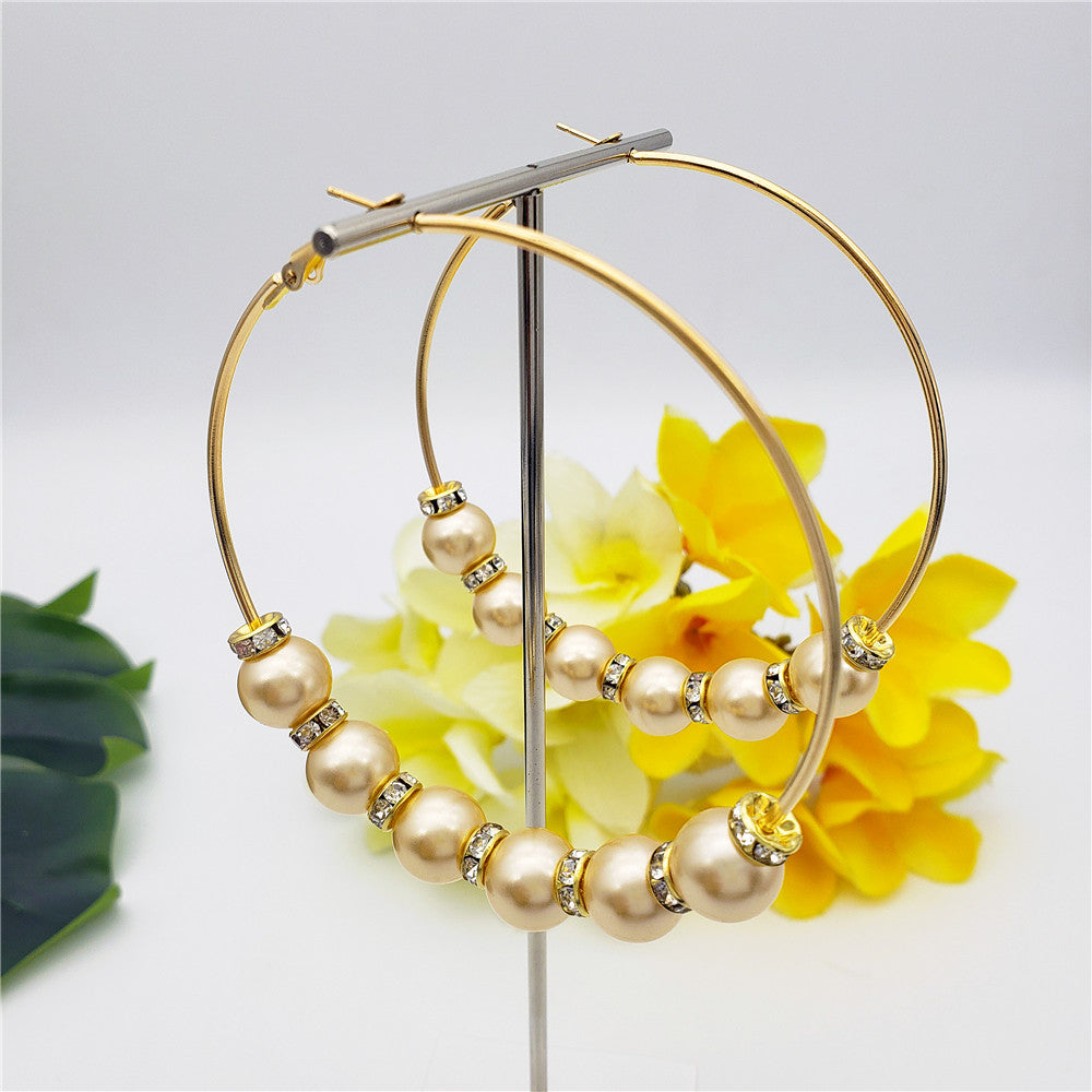 Large Hoop Earrings With White Zircon Disc Beads And Pearls In Different Styles And Colors