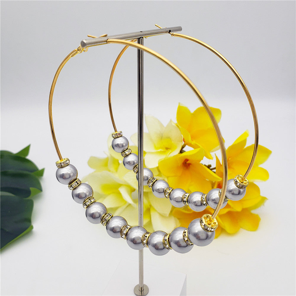 Large Hoop Earrings With White Zircon Disc Beads And Pearls In Different Styles And Colors