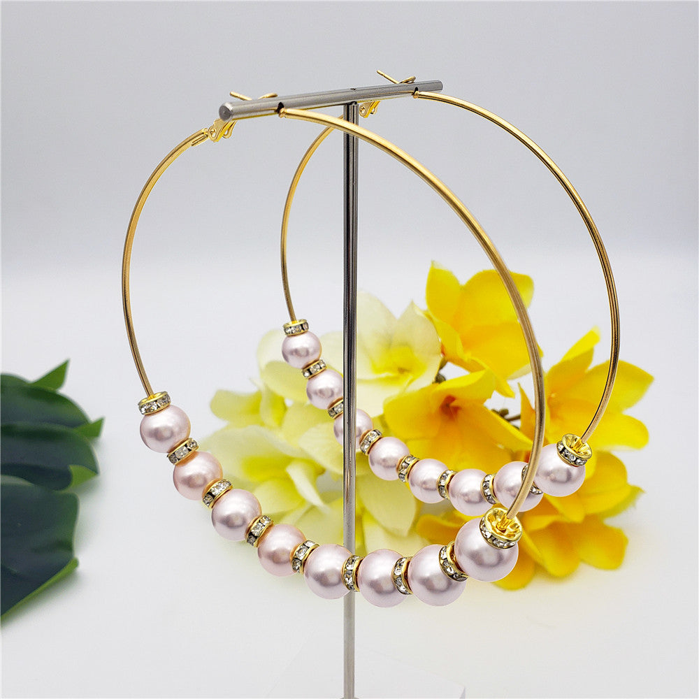 Large Hoop Earrings With White Zircon Disc Beads And Pearls In Different Styles And Colors