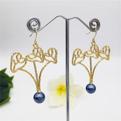 Triple Beating Heart Earrings Sustained With An Ivory Color Pikake Flower Bead Or A Pearl In Different Colors