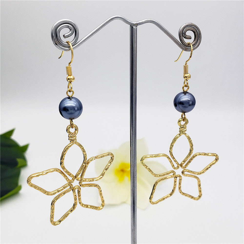 Hawaiian Plumeria Flower Earrings Sustained With A Petrol Pearl