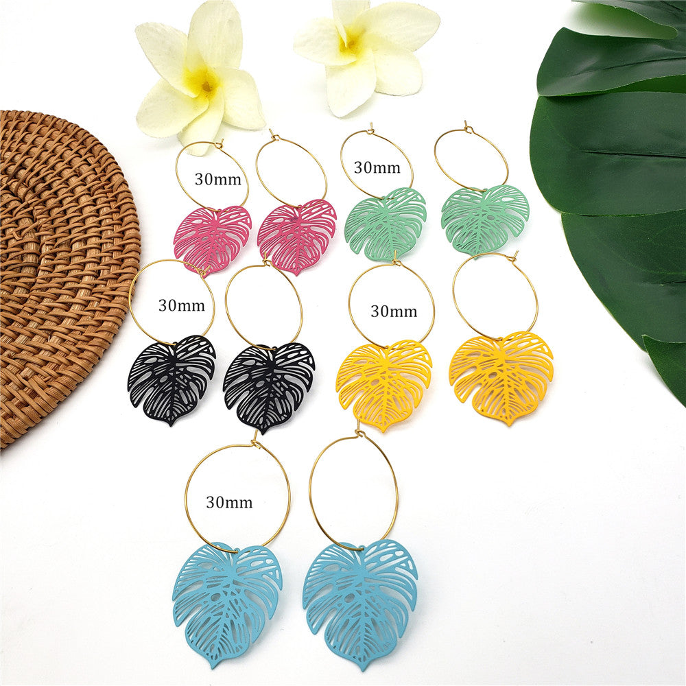 Hawaiian Veined Monstera Leaf Hoop Earrings In Different Colors