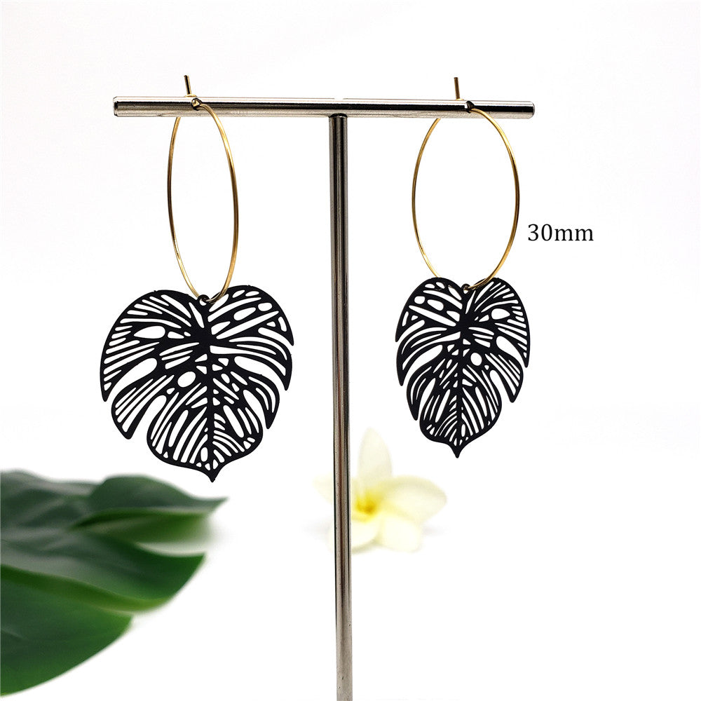 Hawaiian Veined Monstera Leaf Hoop Earrings In Different Colors