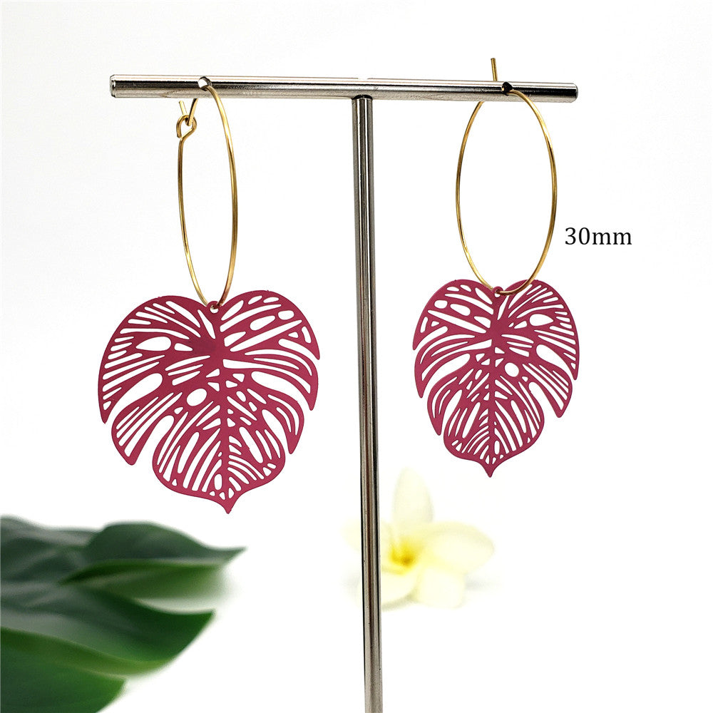 Hawaiian Veined Monstera Leaf Hoop Earrings In Different Colors