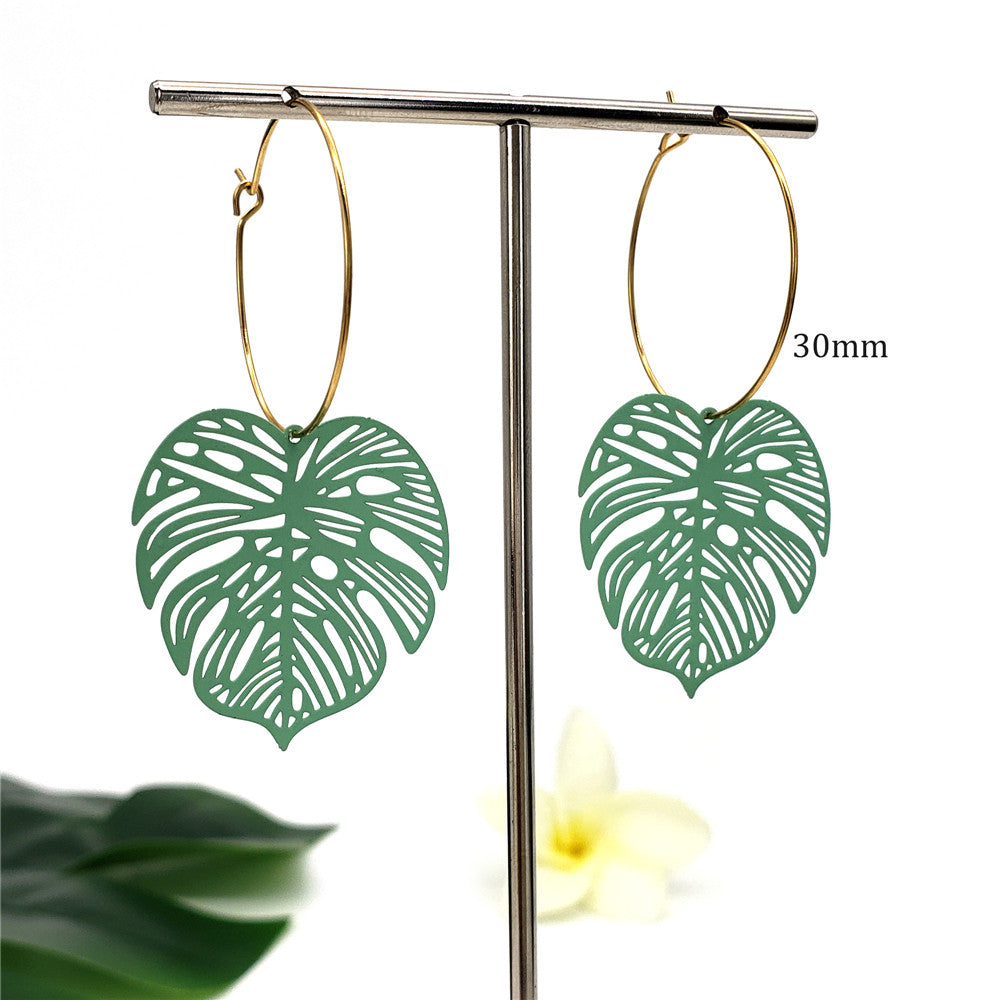 Hawaiian Veined Monstera Leaf Hoop Earrings In Different Colors