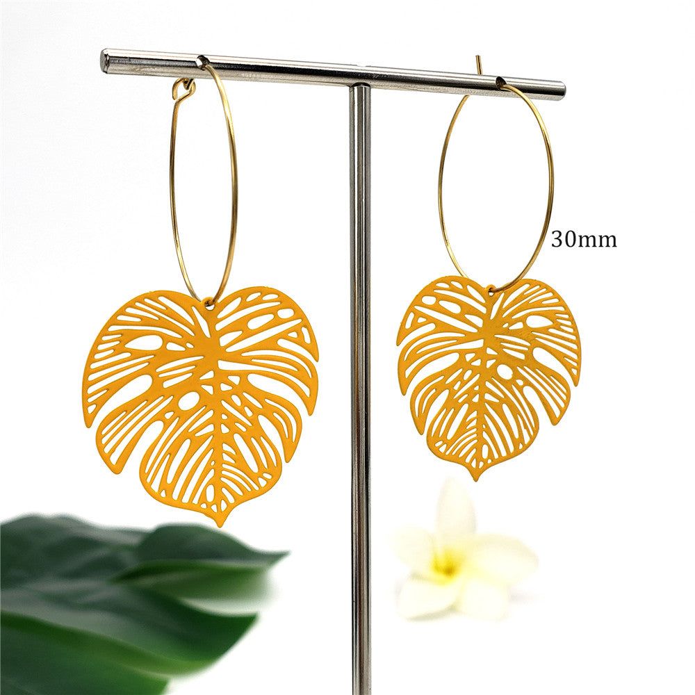 Hawaiian Veined Monstera Leaf Hoop Earrings In Different Colors