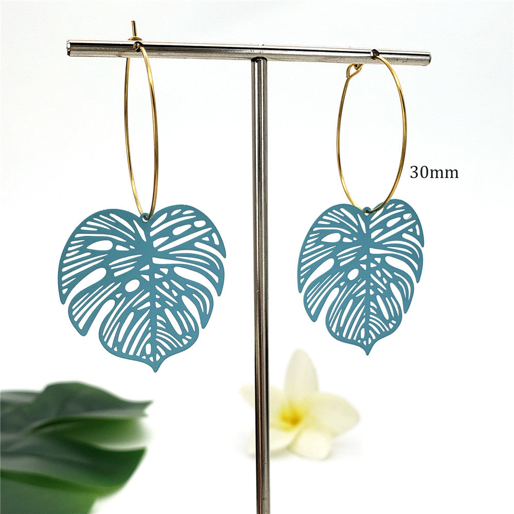 Hawaiian Veined Monstera Leaf Hoop Earrings In Different Colors