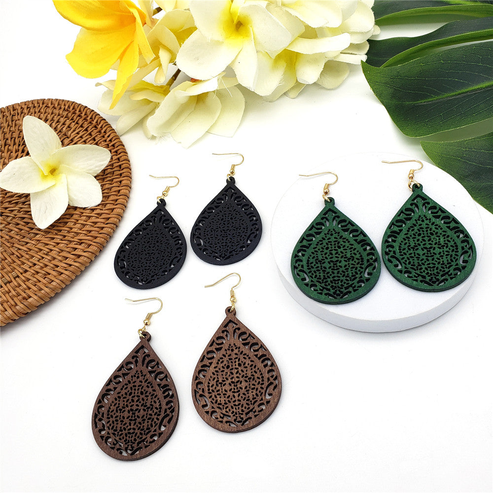 Hawaiian Carved Double Teardrop Wooden Earrings In Different Colors