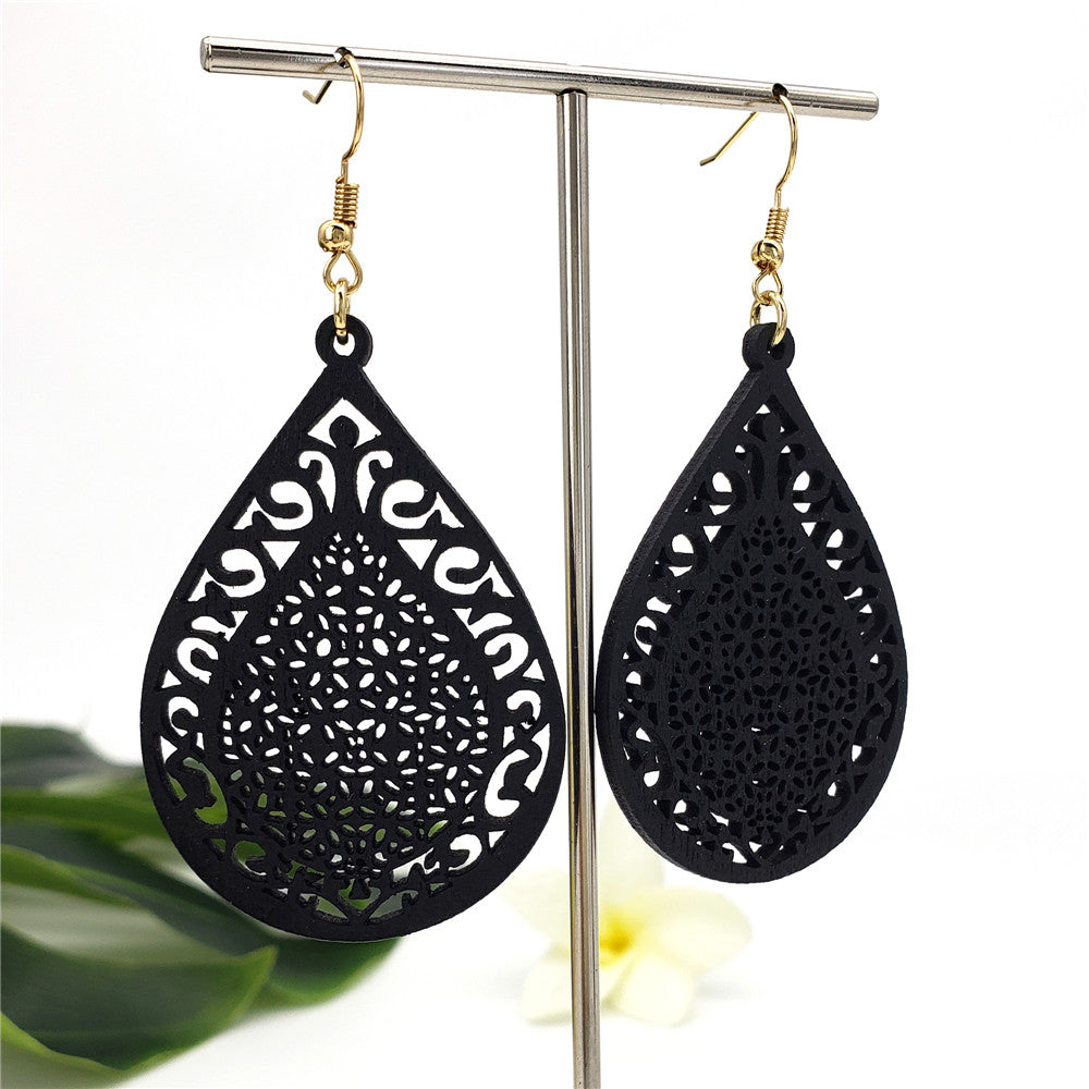 Hawaiian Carved Double Teardrop Wooden Earrings In Different Colors