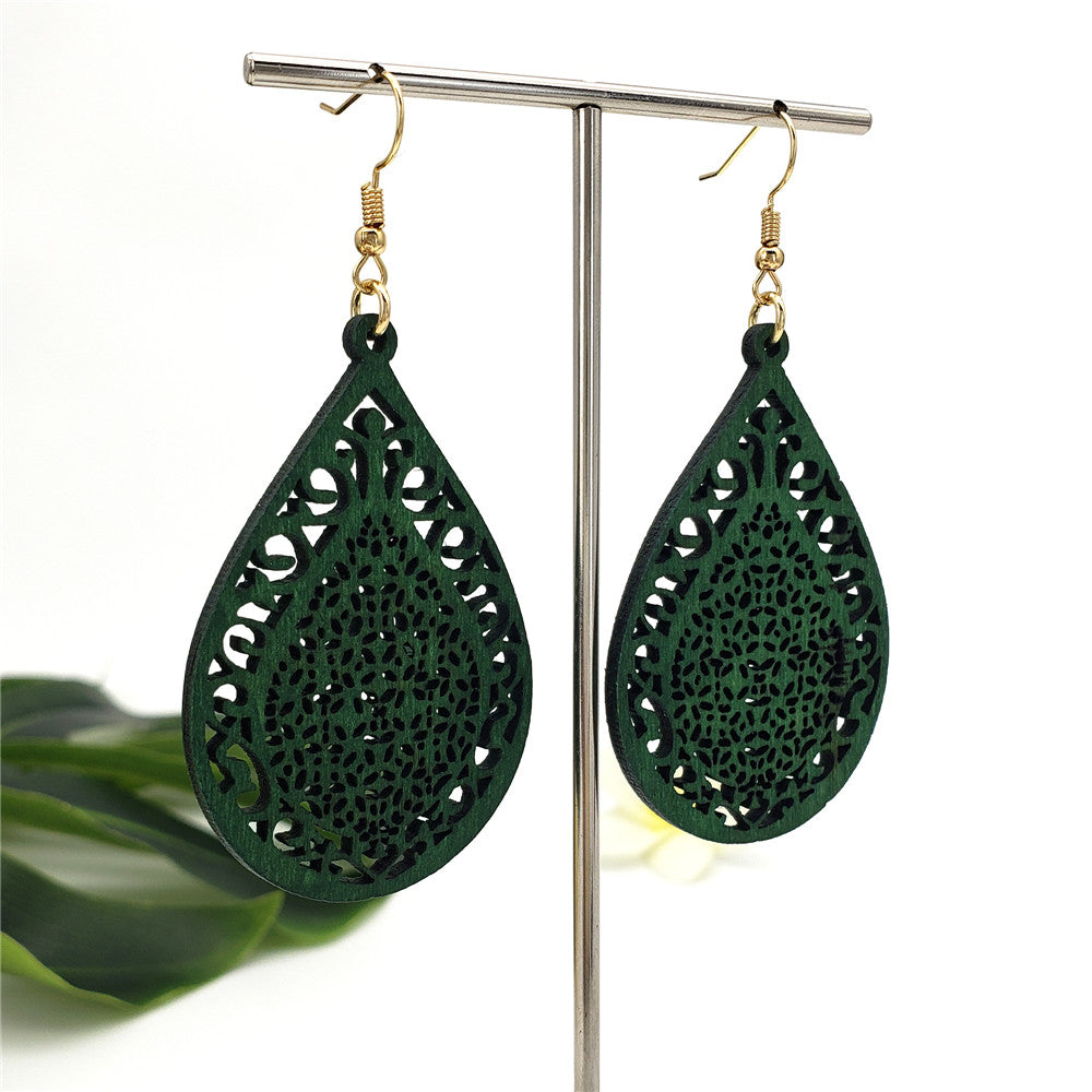 Hawaiian Carved Double Teardrop Wooden Earrings In Different Colors