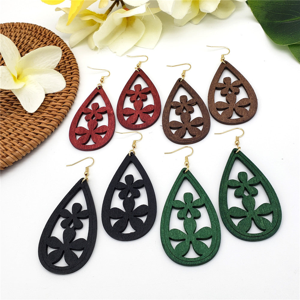 Teardrop Wooden Hawaiian Flower Earrings In Different Colors