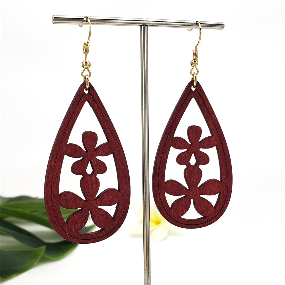 Teardrop Wooden Hawaiian Flower Earrings In Different Colors