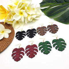 Hawaiian Wooden Monstera Leaf Carved With Veins Earrings In Different Colors