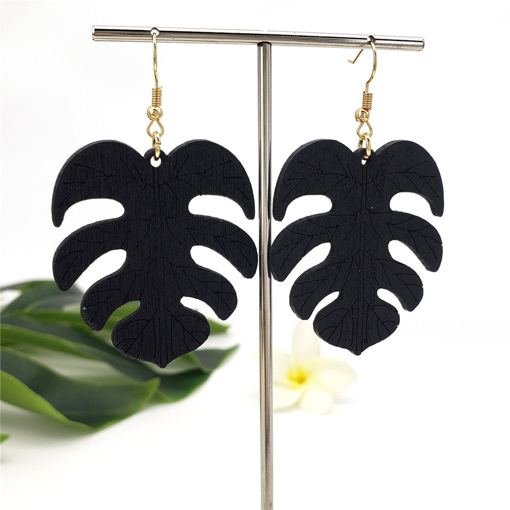 Hawaiian Wooden Monstera Leaf Carved With Veins Earrings In Different Colors