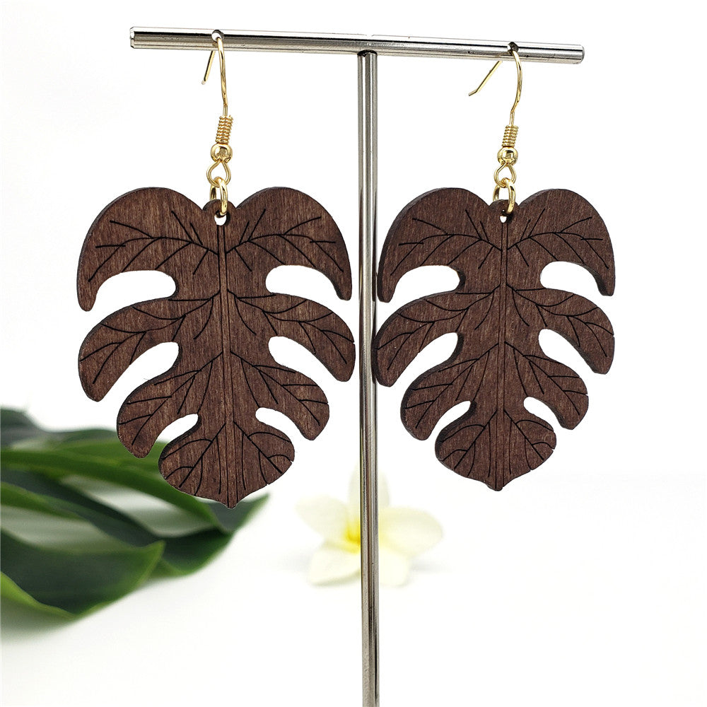 Hawaiian Wooden Monstera Leaf Carved With Veins Earrings In Different Colors