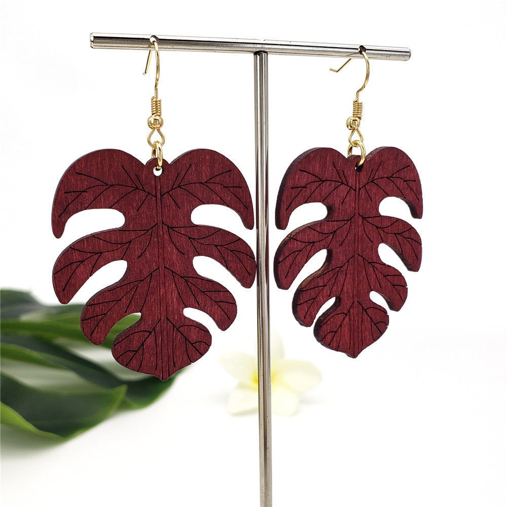 Hawaiian Wooden Monstera Leaf Carved With Veins Earrings In Different Colors