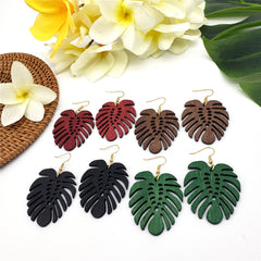 Hawaiian Wooden Monstera Leaf With Holes Earrings In Different Colors