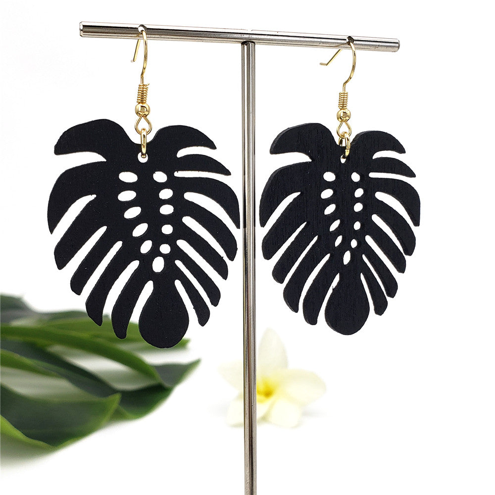 Hawaiian Wooden Monstera Leaf With Holes Earrings In Different Colors