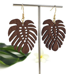 Hawaiian Wooden Monstera Leaf With Holes Earrings In Different Colors