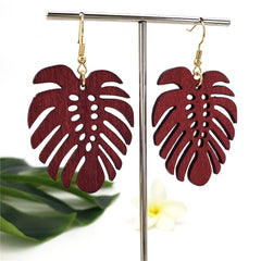 Hawaiian Wooden Monstera Leaf With Holes Earrings In Different Colors