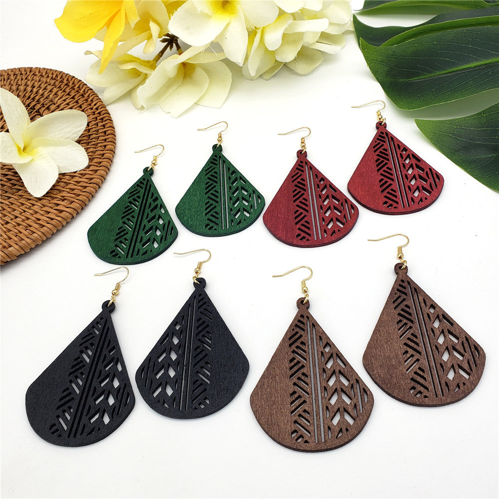 Carved Teardrop Hawaiian Wooden Earrings in Different Colors