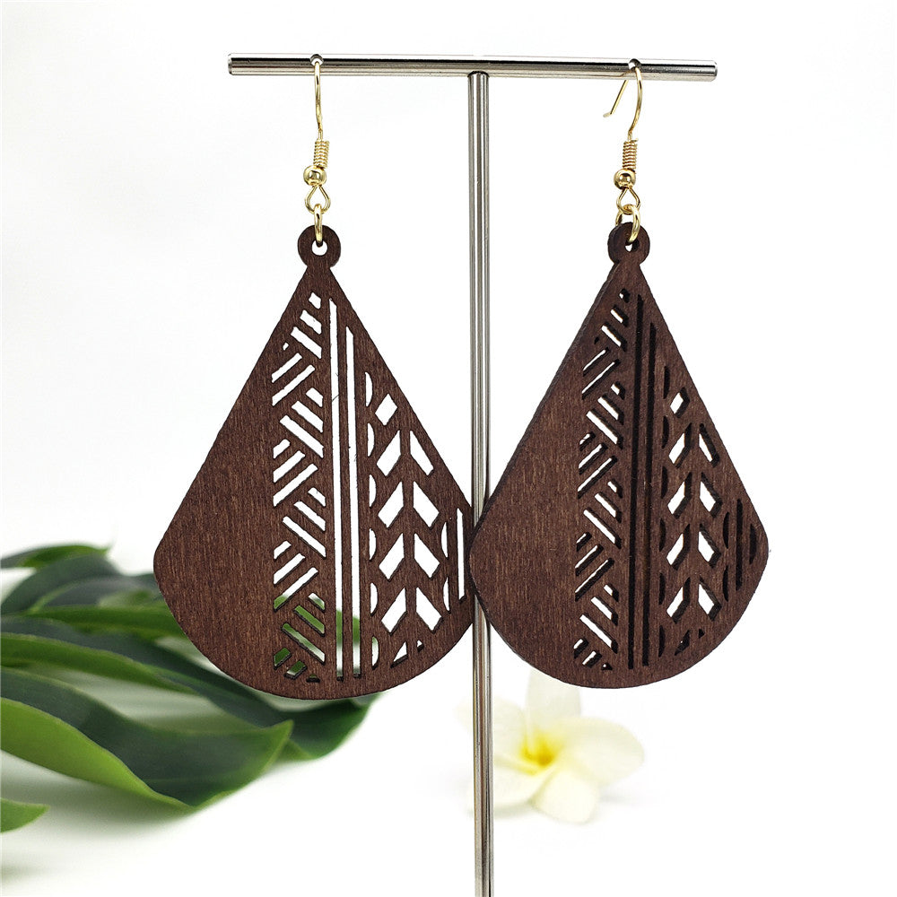 Carved Teardrop Hawaiian Wooden Earrings in Different Colors