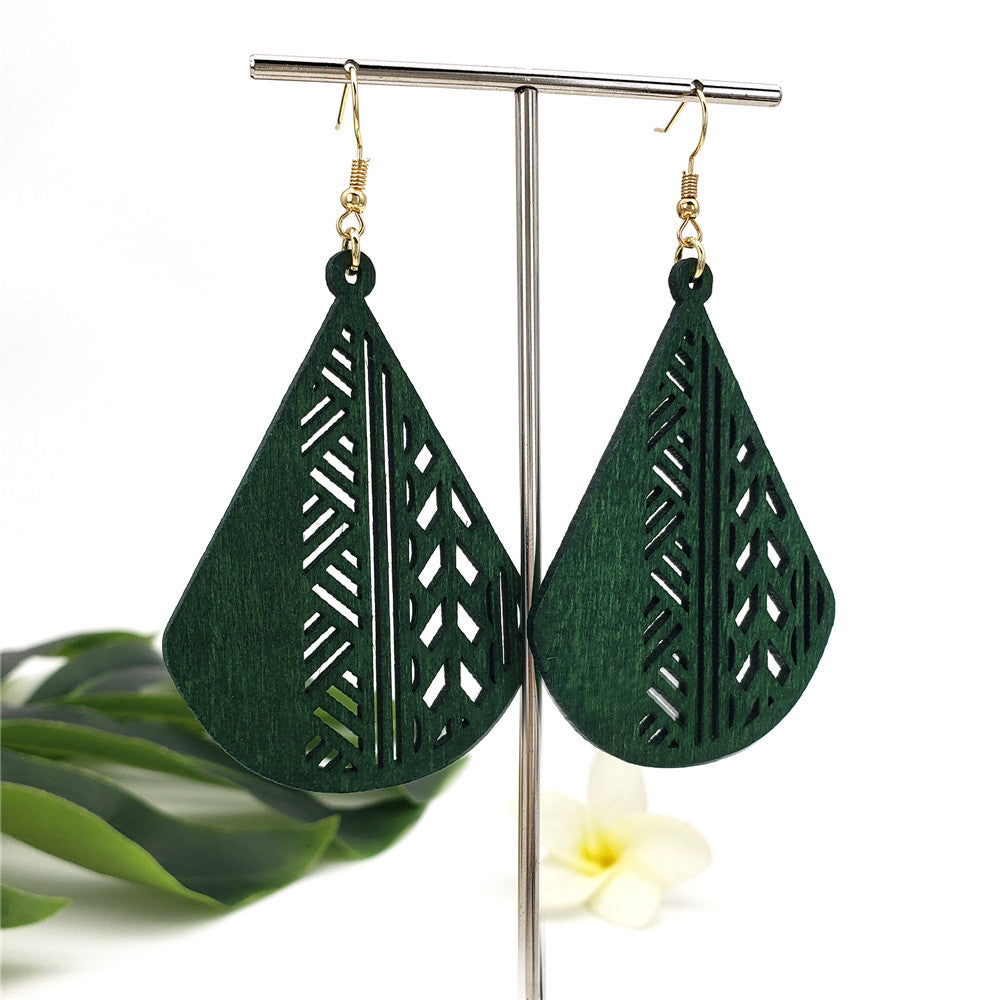 Carved Teardrop Hawaiian Wooden Earrings in Different Colors