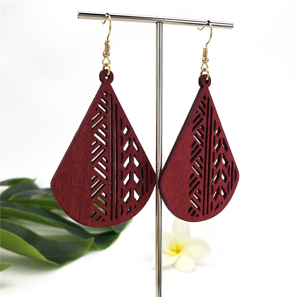 Carved Teardrop Hawaiian Wooden Earrings in Different Colors