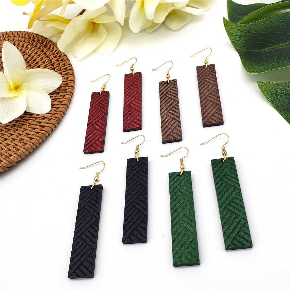 Hawaiian Lauhala Rectangular Wooden Earrings In Different Colors