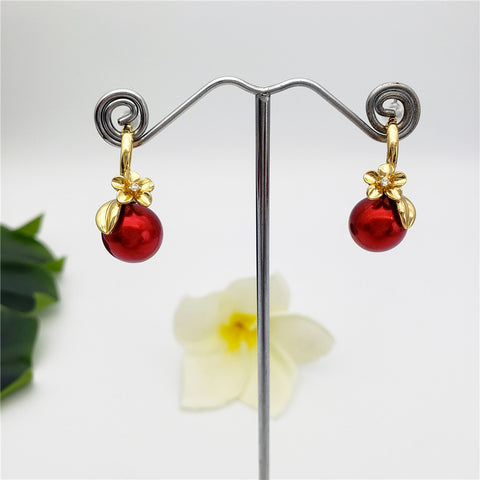 Bordeaux Pearl Earrings Plumeria Flower And Leaf Centered With White Zircon