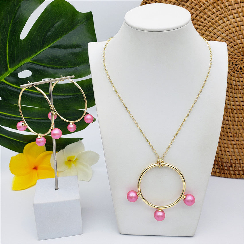 Set Of Round Earrings And Necklace With Triple Pearls On Each Circle In Different Colors And Styles