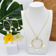 Set Of Round Earrings And Necklace With Triple Pearls On Each Circle In Different Colors And Styles