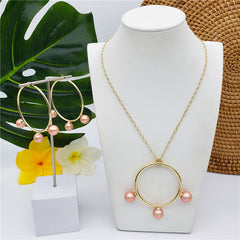 Set Of Round Earrings And Necklace With Triple Pearls On Each Circle In Different Colors And Styles