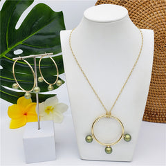 Set Of Round Earrings And Necklace With Triple Pearls On Each Circle In Different Colors And Styles