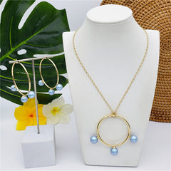 Set Of Round Earrings And Necklace With Triple Pearls On Each Circle In Different Colors And Styles