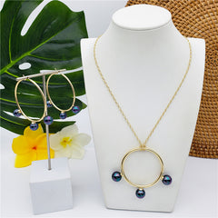 Set Of Round Earrings And Necklace With Triple Pearls On Each Circle In Different Colors And Styles