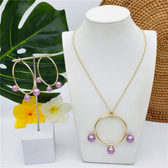 Set Of Round Earrings And Necklace With Triple Pearls On Each Circle In Different Colors And Styles