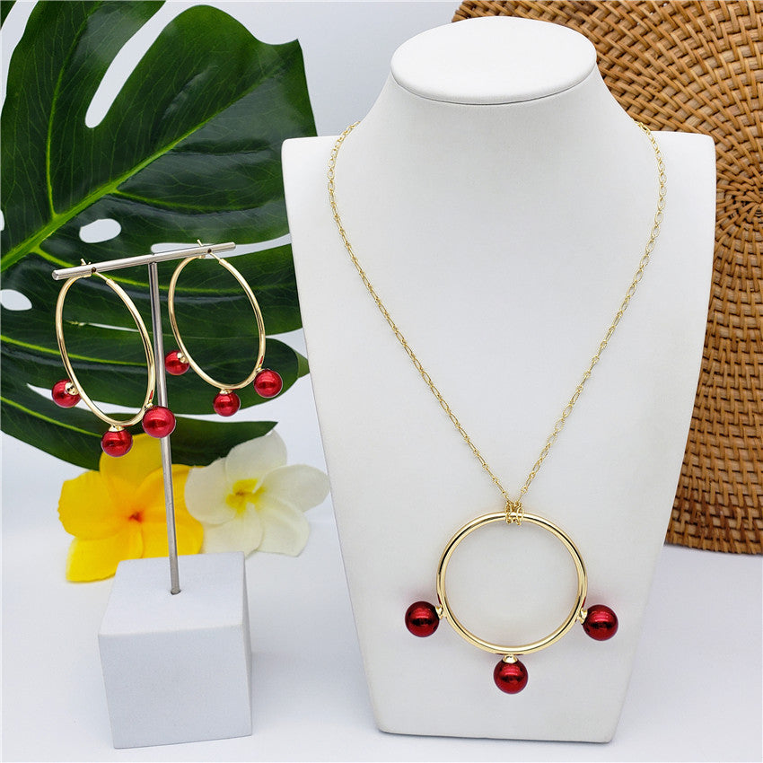 Set Of Round Earrings And Necklace With Triple Pearls On Each Circle In Different Colors And Styles