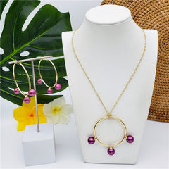 Set Of Round Earrings And Necklace With Triple Pearls On Each Circle In Different Colors And Styles