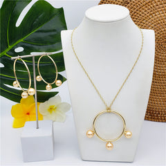 Set Of Round Earrings And Necklace With Triple Pearls On Each Circle In Different Colors And Styles