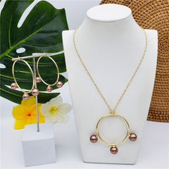 Set Of Round Earrings And Necklace With Triple Pearls On Each Circle In Different Colors And Styles