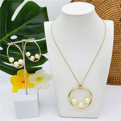 Set Of Round Earrings And Necklace With Triple Pearls On Each Circle In Different Colors And Styles