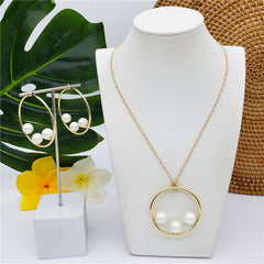 Set Of Round Earrings And Necklace With Triple Pearls On Each Circle In Different Colors And Styles