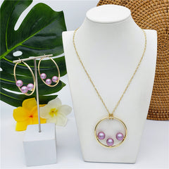 Set Of Round Earrings And Necklace With Triple Pearls On Each Circle In Different Colors And Styles