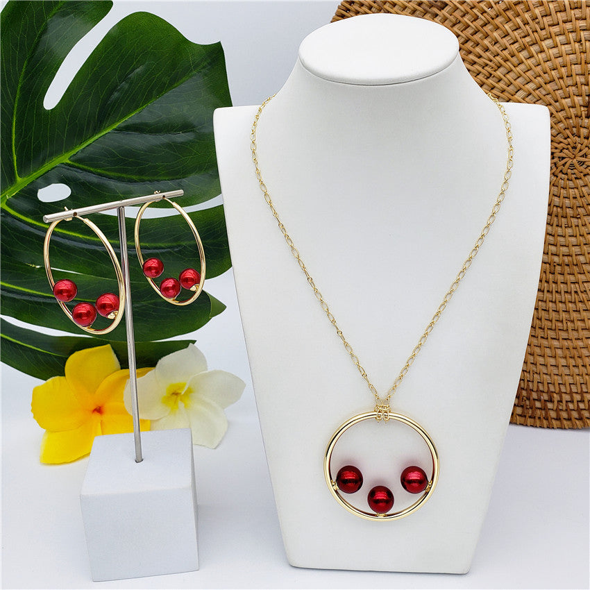 Set Of Round Earrings And Necklace With Triple Pearls On Each Circle In Different Colors And Styles